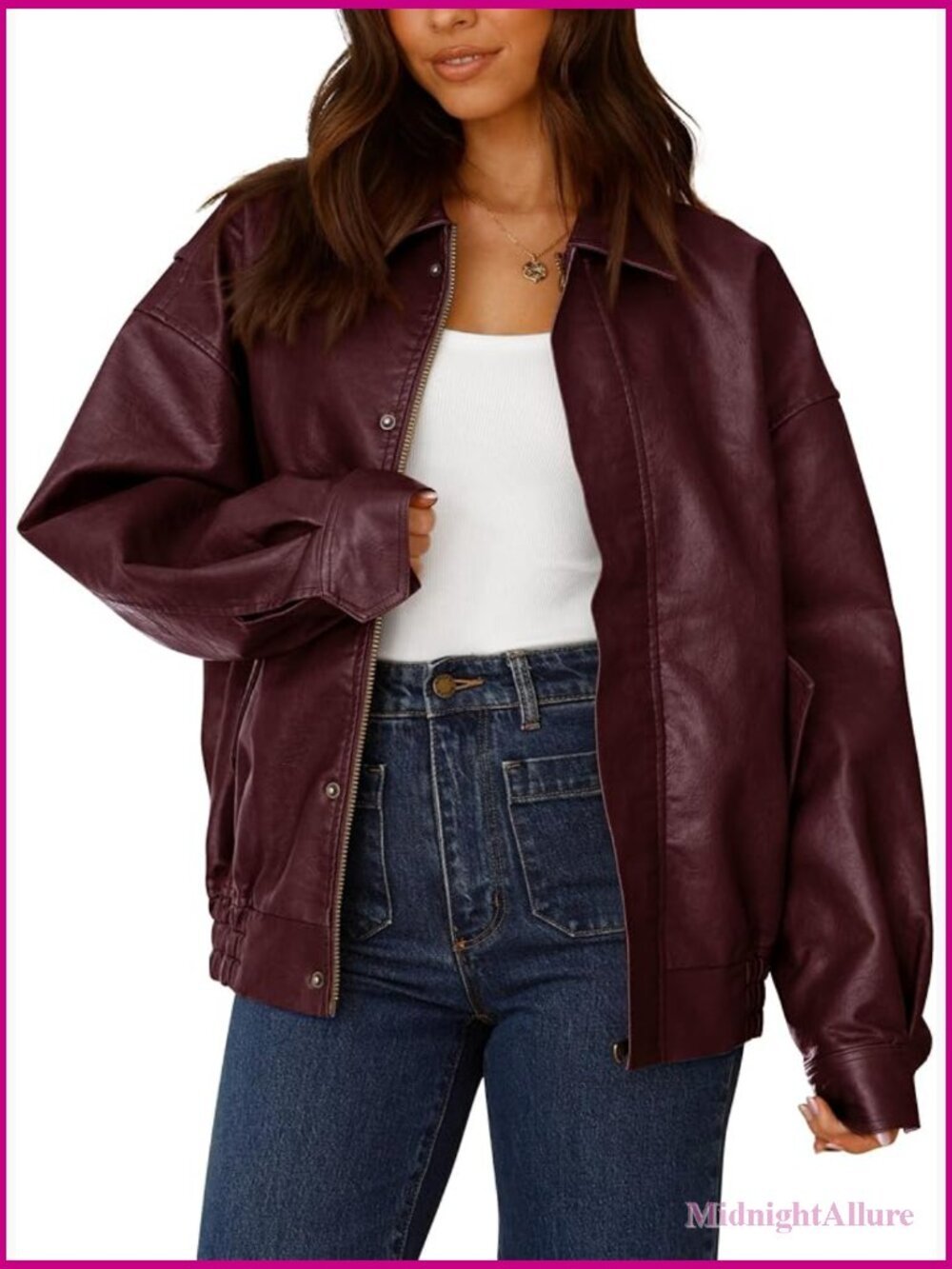 Faux Leather Motorcycle Jacket Oversized Zip Up Trendy Winter Coat